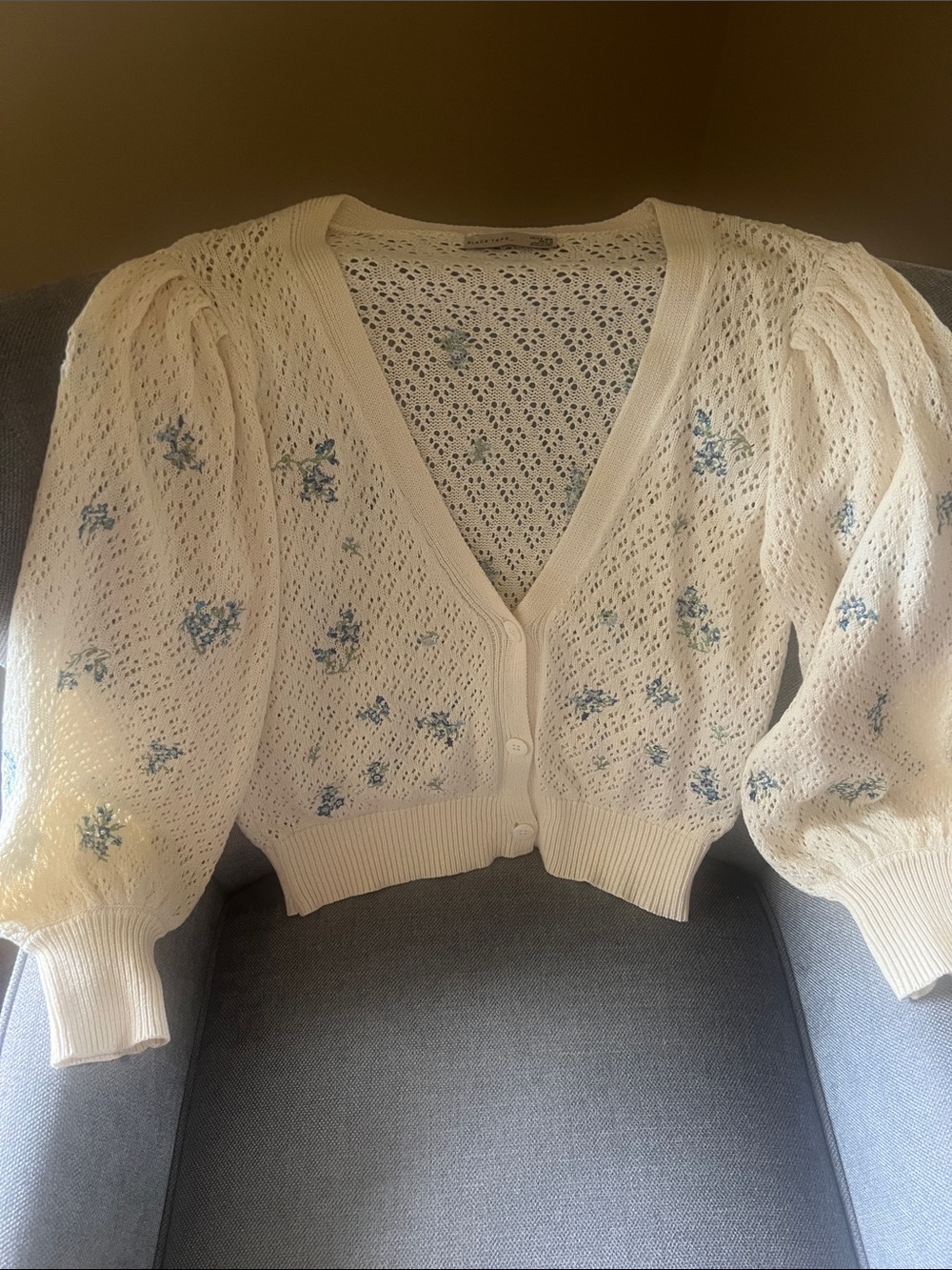 Ivory Floral Pointelle V-Neck Cardigan Sweater